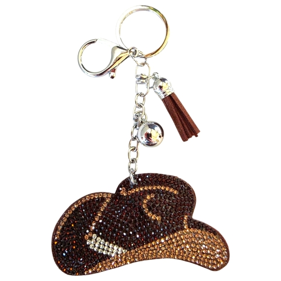 Brown Rhinestone Cowboy Hat Purse Charm keyring - Picture 3 of 3